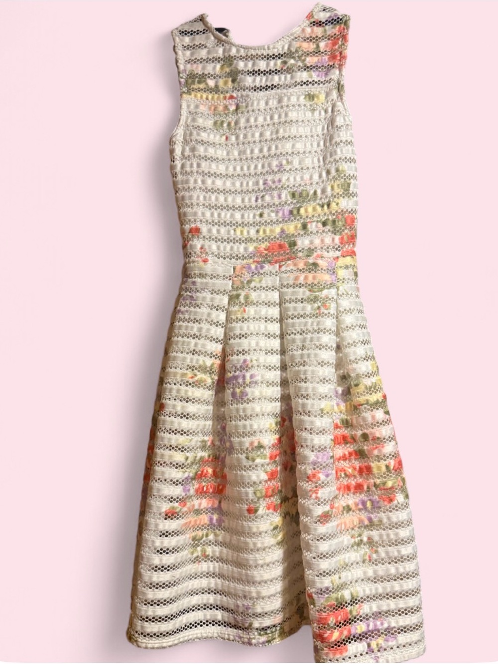 Girls Lace Fit-and-Flare Dress in White with Coral Floral Accents